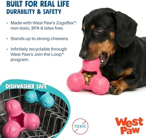 WEST PAW Zogoflex Tux Treat Dispensing Dog Chew Toy – Interactive Chewing Toy for Dogs – Dog Games for Aggressive Chewers, Fetch, Catch – Holds Kibble, Treats, Large 5", Geranium