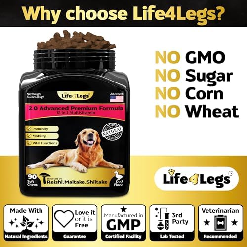 Soft Chews Dog Vitamins - Hemp Oil Glucosamine Chondroitin Hip and Joint Support Health, Skin & Coat Supplements, Digestion & Immune Booster, Heart, Probiotics, 90 Chews Bacon Flavour