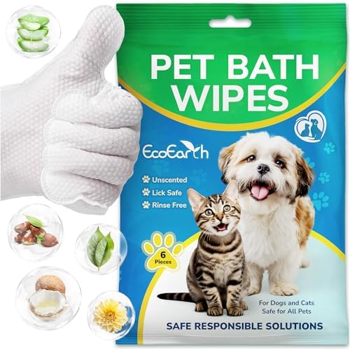 Premium Pet Wipes for Dogs & Cats - 6 Pcs - Disposable Washing Gloves for Bath & Grooming - Clean & Dry Paws, Fur, Face, Ears, Butt & Body - Hypoallergenic, Lick-Safe & Waterless Cleaning Gloves