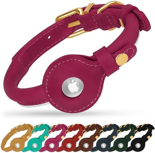 OOPSDOGGY Rolled Leather Dog Collar with Airtag Holder - Reflective Round Airtag Dog Collar - Soft Tracking Pet Collar for Small Dogs Puppy Cats Kitten (Pink, XXL, 20"-24")