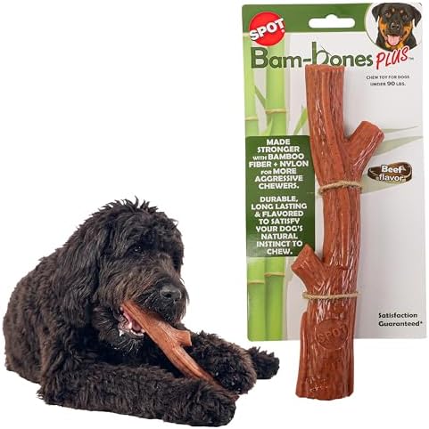 SPOT Bam-Bones Plus Branch -Bamboo Fiber & Nylon, Durable Long Lasting Dog Chew for Aggressive Chewers – Great Toy for Adult Dogs & Teething Puppies Under 90lbs, Non-Splintering, 9.5in, Beef Flavor
