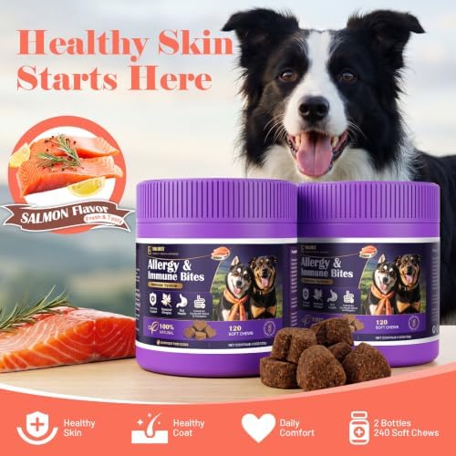 Dog Allergy Chews for Dogs - Skin & Coat, Digestive Health & Immune Support, Salmon Flavor, 2 Bottles, 240 Soft Chews