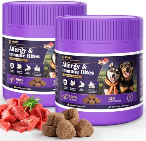 Dog Allergy Chews for Dogs - Skin & Coat, Digestive Health & Immune Support, Lamb Flavor, 2 Bottles, 240 Soft Chews