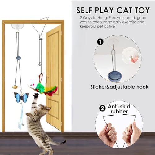 Door Hanging Cat Toys with Suction Cups, Interactive Hanging Feather & Plush Cat Toy with Bell, Assorted Replaceable Refills for Indoor Kitten Hunting Exercise & Boredom Relief (5 Pcs Assorted)