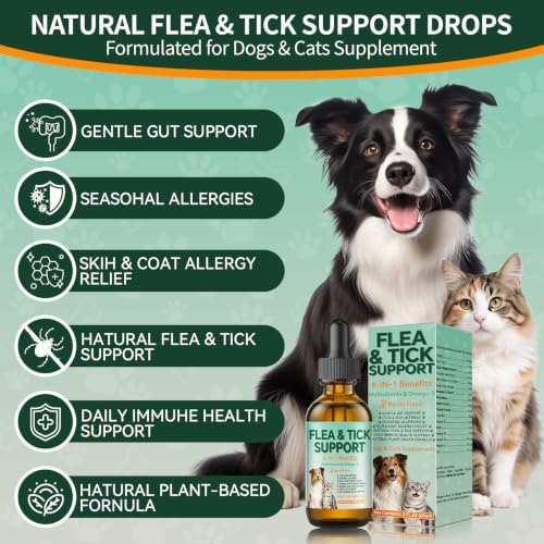 Flea and Tick Support for Dogs & Cats Drops - Flea and Tick Drops Supplement with Multivitamins & Omega-3, Skin & Coat Support for Dogs & Cats, All Breeds & Sizes - 60ml