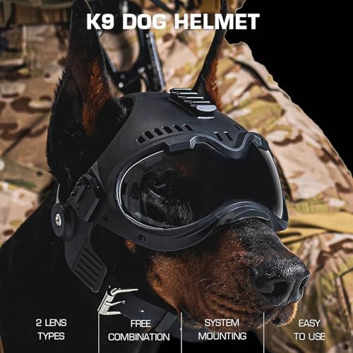 Tactical K9 Helmet - Adjustable Dog Helmet with Removable Ear Guards, 2 Lenses, Picatinny Rail & EVA Pads for German Shepherd and Medium Breed Working Dogs(Brown)