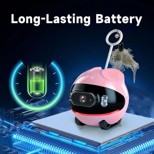 Pet Camera Robot with Cat Teaser: Battery-Operated, Movable with Phone App, 2-Way Talk, Video/Photo, Night Vision (Pink)