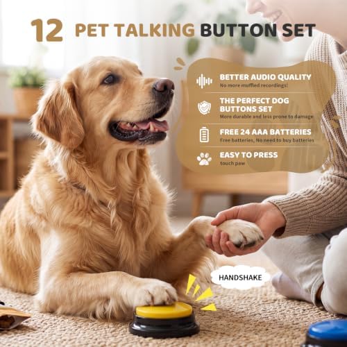 Dog Buttons for Communication Dog Talking Buttons,12 Recordable Sound Buttons + 50 Scene Patterns + 1Water - Resistant and Non - Slip mat+ 24 AAA Batteries 30 Seconds Buttons for pet Training