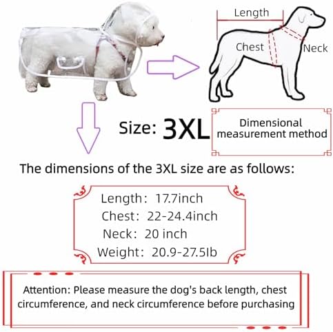 Clear Dog Rain Poncho for Small Medium Dogs,Heavy Waterproof Raincoat with Hidden Leash Hole&Adjustable Snaps,Pet Hooded Cape for Bichon Poodle (20-27lbs) (Transparent, 3X-Large)