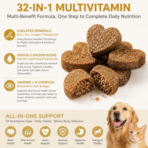32-in-1 Multivitamin Soft Chews for Dogs & Cats, 180ct Chicken - Chelated Minerals, Omega-3, Taurine, B Complex - Skin & Coat, Immune, Digestive, Heart Support - Grain Free
