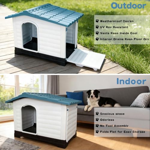 Elevated 2-Door Plastic Dog House Kennel with Fold-Out Porch