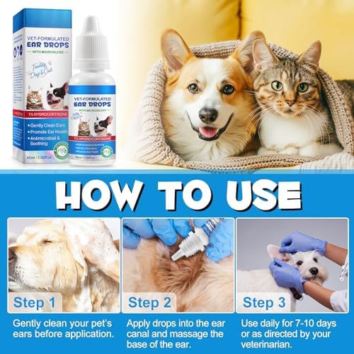 Bieyoc Pet Ear Drops for Dogs and Cats, Dog and Cat Ear Clean and Soothe Ear Irritations, Pet Ear Cleaner Helps to Remove Wax, Stains & Dirt, 2.02 Fl.Oz