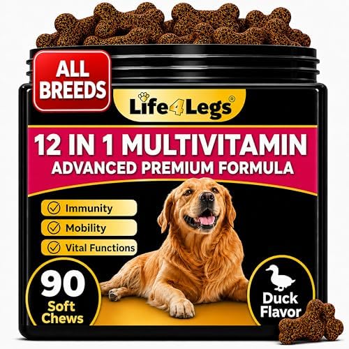 90 Soft Chews Dog Multivitamin - Hemp Oil Glucosamine Chondroitin Hip and Joint Support Health, Skin & Coat Supplements, Digestion & Immune Booster, Heart, Probiotics - Duck Flavour