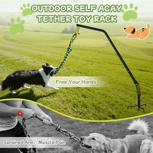 Tether Outdoor Dog Rope Toy with Adjustable Height Spring Pole, 3 Kinds Dog Tug of War Toys for Self Play and Interactive in Park, Yard, Lawn Rope, Suitable for Energetic Dog(45.5″)