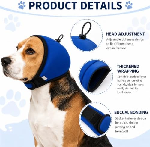 Adjustable Dog Quiet Ear Muffs Calming Ear Hoodie, Noise Canceling Breathable Ear Wraps for Dog Anxiety Relief, Ear Covers for Fireworks Thunderstorm Grooming Force Drying Noise Protection (Blue, L)