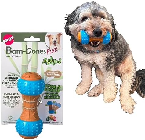 SPOT Bam-Bones Plus Gigglers Dumbbell Durable Dog Chew Toy, for Medium Aggressive Chewers, Bamboo Fiber & Nylon, Dual Texture, Massaging Rubber Ends, Peanut Butter Flavor, 5.5 in