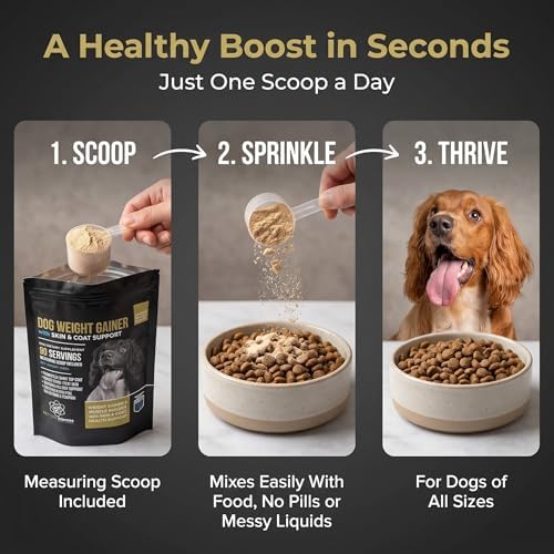 Dog Weight Gainer with Skin & Coat Support - Weight Gain Supplements for Dogs - Canine and Dog Muscle Builder - Protein Powder - High Calorie Food Supplement - 90 Servings