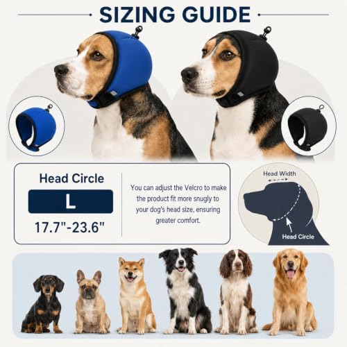 Adjustable Dog Quiet Ear Muffs Calming Ear Hoodie, Noise Canceling Breathable Ear Wraps for Dog Anxiety Relief, Ear Covers for Fireworks Thunderstorm Grooming Force Drying Noise Protection(Black, L)