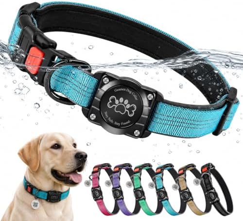 Dog Collar with AirTag Holder Waterproof QR Code Reflective Collar(Blue,L) | Built-in Waterproof Holder, QR Code Tag, Reflective,Secure Buckle