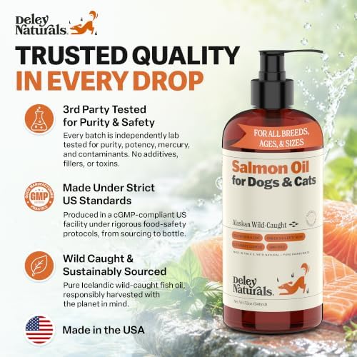 Deley Naturals Wild Alaskan Salmon Oil for Dogs & Cats - New and Improved Salmon Oil Plus Formula - Fish Oil for Dogs with Omega 3, DHA and EPA - Omega 3 for Healthy Skin and Coat - 32oz Made in USA