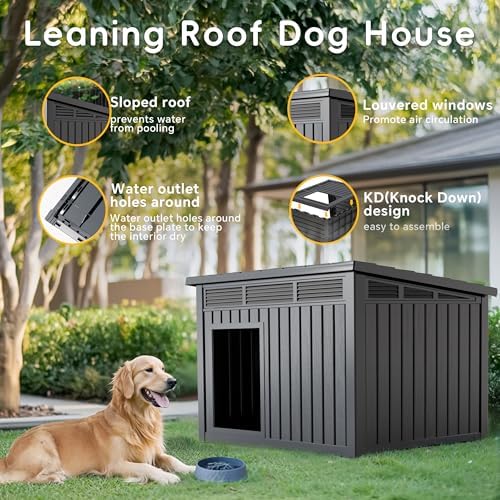 Vixzen Dog House Outdoor - 42 Inch Weatherproof Doghouse with Openable Roof for Easy Cleaning, Indoor Dog House Medium Size Dog with Spacious Interior & Slanted Roof, Doghouse Outdoor (Black)