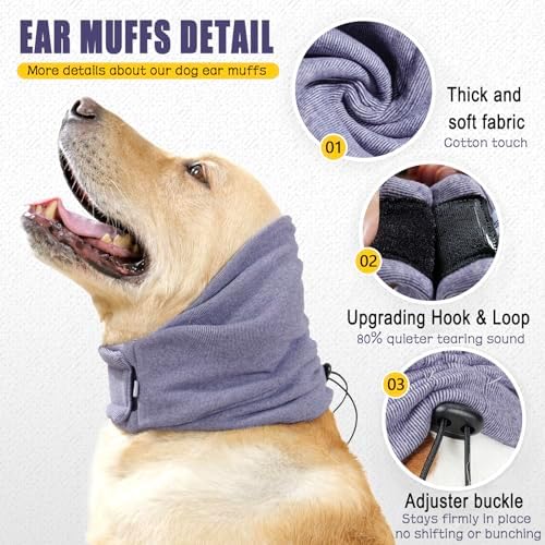 Meifsou Quiet Ears for Dogs - Adjustable Ear Covers for Noise, No Shake Dog Head Wrap, Dog Calming Hood for Thunder, Lightning, Fireworks, Vet Visits, Polyester and Stretch Cotton Blend, Purple M