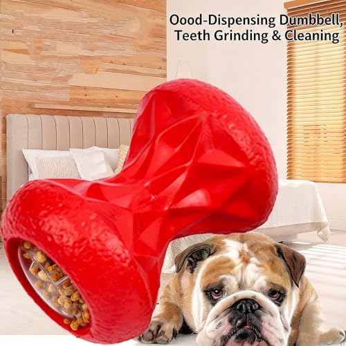 Sandglass Interactive Dog Food Dispenser Toy,chew Resistant, Dumbbell Shape,Teeth Cleaning Treat Puzzle Ball for Dogs (Red)