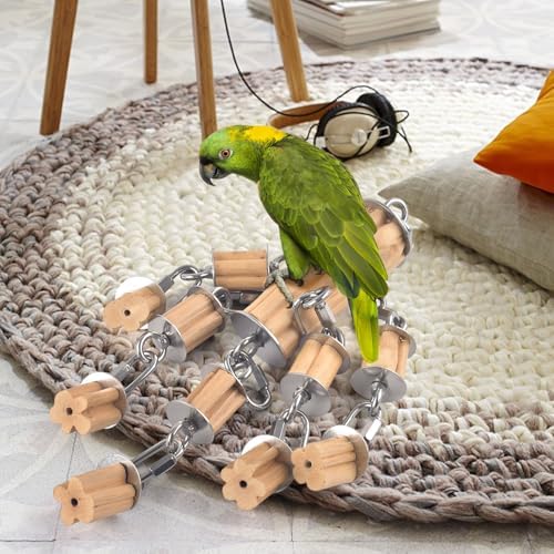 KATUMO Parrot Toys for Large Birds with Detachable Parts, 304 Stainless Steel and Natural Hardwood Chew Toy for Macaw, Cockatoo, African Greys, Medium to Large Parrots, Safe and Durable