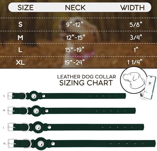 Leather Dog Collar with Airtag Holder - Apple Air Tag Dog Collars - Soft Tracking GPS Pet Collar for Small Medium Large Dogs Breed Puppy (Green, L, 15"-19" Neck Fit)