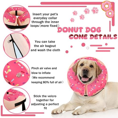 Inflatable Cone Collar for Large Medium Small Dogs, Soft Adjustable Recovery Collar for Dogs Cats,Dog Cone Neck Donut Alternative After Surgery(Pink,Medium