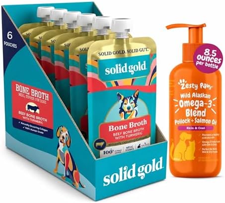Zesty Paws Salmon Oil for Dogs 8.5oz + Beef Bone Broth 8oz/6ct Bundle