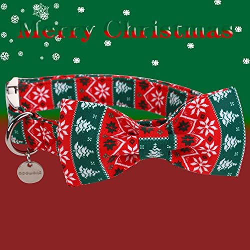 DOGWONG Christmas Dog Collar with Bow tie, Red Green Strip Snowflake Dog Collar Soft Durable Adjustable Cotton Puppy Collar for Small Medium Large Dog