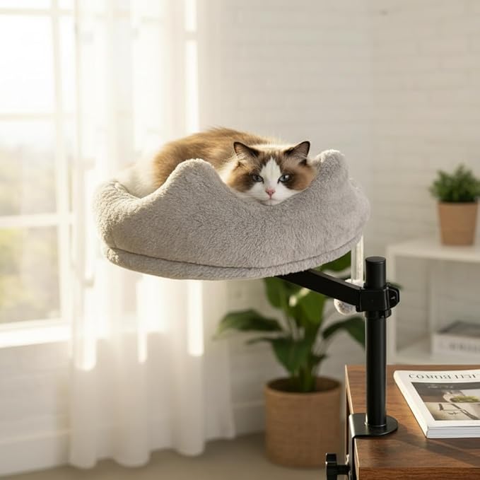 AurnaGle Cat Desk Bed, 360° Rotating & Adjustable & Lock Cats Bed for Desk, Grey Soft with Long Plush Fabric Mat, Modern Indoor Cat Nest Furniture for Office Desks and Game Tables, Island Table