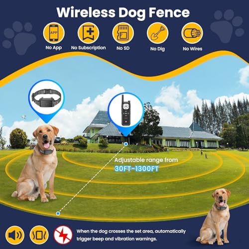Wireless Dog Fence, Electric Fence for Dogs with Training Collar 185 Days Standby Time, Waterproof & Flash Light Portable Dog Perimeter Collar with 3 Training Mode for 2 Dogs Large Medium