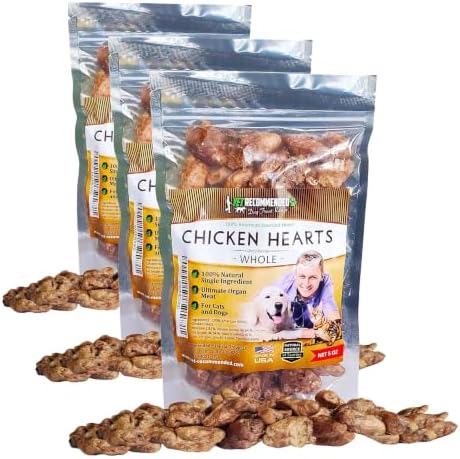 Vet Recommended Premium Whole Chicken Hearts for Dogs and Cats (5oz Bag), Freeze Dried Natural Dog Treats - Perfect Organ Meat for Pets, Human Grade, Natural Source of Taurine, USA Made. (Pack of 3)