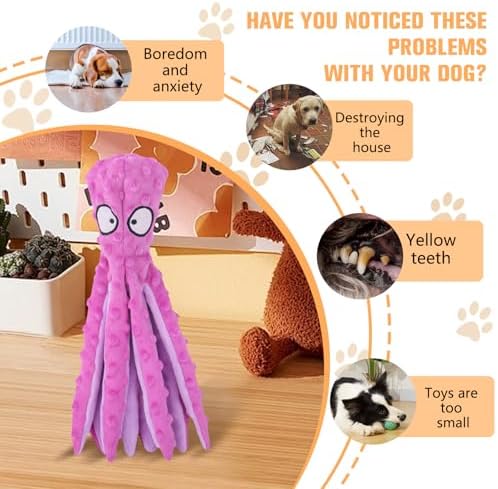 Dog Squeaky Toys Octopus, No Stuffing Plush Toys, Squeaky Octopus Dog Toy - Durable Plush for Puppies, Interactive Dogs Toys for Aggressive Chewers (Purple+Blue)