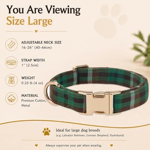 Soft Cotton Dog Collar Classic Plaid Pet Collars with Metal Clasp for Large Dogs with Sensitive Skin, Forest Green