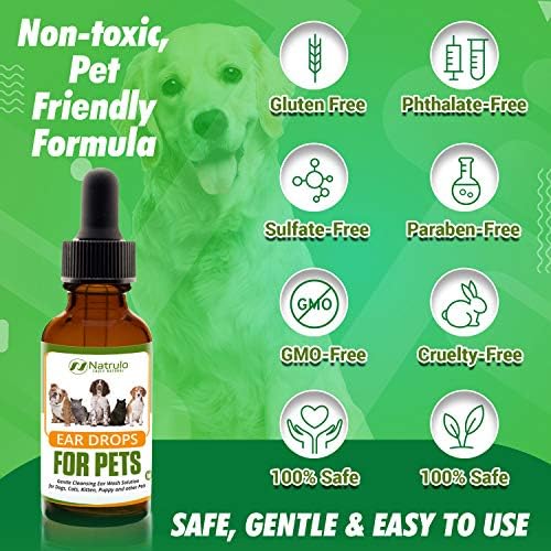 Natural Ear Cleaner for Dogs, Cats, Kitten, Puppy – Gentle Cleansing Ear Wash Solution Mite Infection & Yeast Treatment for Pets – Drying, Healing Medicinal Ear Cleaning Drops Made in USA