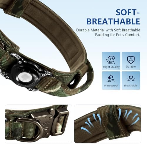 Never Lose Your Dog! AirTag Dog Collar with Waterproof Case | Tactical Collar for Large Dogs Featuring Military Handle & Durable Strap | Secure GPS Tracking for Apple AirTag (Camo, M)