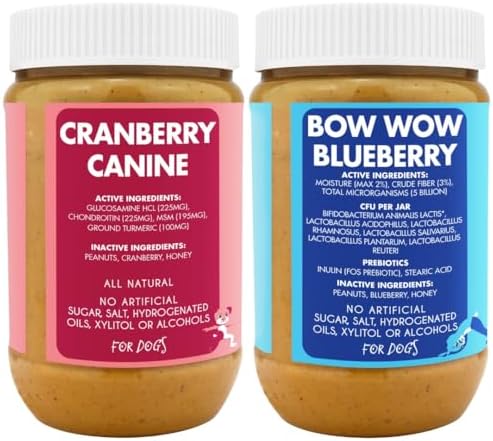 Bow-Wow Blueberry (probiotic + prebiotic) + Cranberry Canine (hip + joint) BUDDY BUDDER, 100% Natural Dog Peanut Butter, Healthy Peanut Butter Supplements, Made in USA (17oz jars)