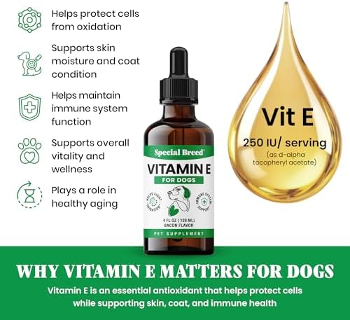 Vitamin E for Dogs Liquid 250 IU - Vitamin E Oil for Dogs Skin and Coat Support - Dog Immune Support Antioxidant Supplement - Bacon Flavor - 60 Servings - 2 oz