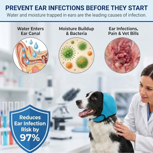 Waterproof Dog Ear-Cover for Bath: Keep Water Out During Bath Time - Reduce Ear Infection Risk By 97% - Anti-Slip Fit for Medium Breeds Cocker Spaniel/Beagle/Springer Spaniel