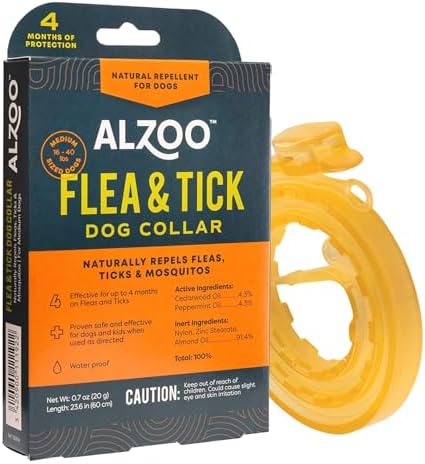 ALZOO Plant Based Flea & Tick Dog Collar - Helps Repel Fleas, Ticks & Mosquitoes - 100% Plant-Based Active Ingredients - Waterproof - Up to 4 Months Protection - Medium-Sized Dogs: 16-40 lbs - Single