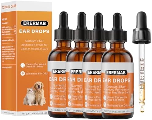 4 Pack Dog Ear Drops, Dog Ear Cleaner Drops, Ear Infection Treatment for Dogs and Cats, Natural Herbal Ear Cleaning Solution for Dirty,Itchy,Smelly,Inflammed Pet Ears, 2 oz with Dropper