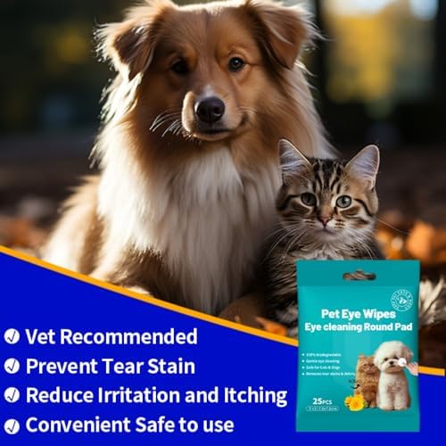 Pet Eye Wipes for Dogs & Cats, Travel Pack 25 Count, Unscented Eye Area Cleaning Pads for Tear Stains, Eye Discharge and Daily Eye Care, Soft Round Pads, 7.6 x 7.6 cm