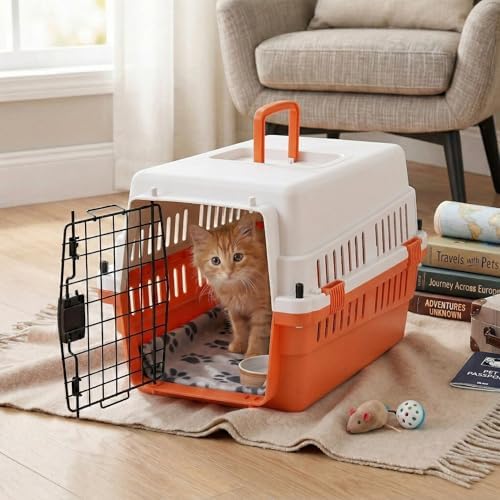 Hard-Sided Pet Carrier for Cats and Small Dogs, 20" Sturdy Travel Kennel with Secure Wire Door & 360° Ventilation, Portable Plastic Crate for Vet Visits & Car Travel (White/Orange)