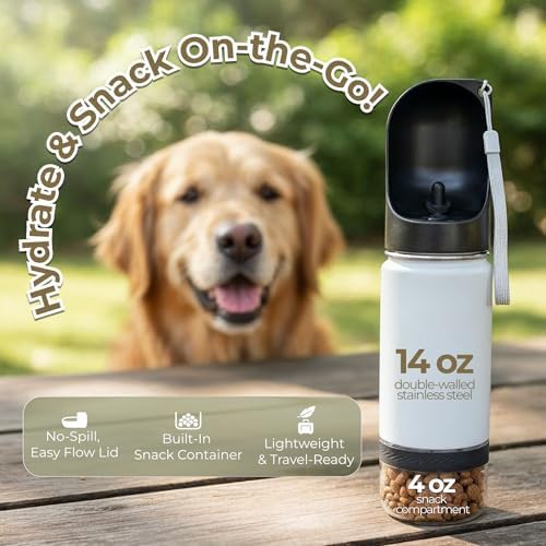 Mon Chateau 14oz Portable Dog Water Bottle with 4 oz Snack Storage, Double Walled Stainless Steel Body, Leak-Proof, Dishwasher Safe Pet Travel Bottle for Dogs, Cats & Outdoor Use, Black