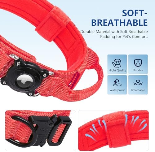 Waterproof AirTag Dog Collar with QR Code ID Tag, Tactical Military Dog Collar with Built-in AirTag Holder, Heavy Duty Metal Buckle & Control Handle, GPS Tracker Collar for Large Dogs (Red, XL)