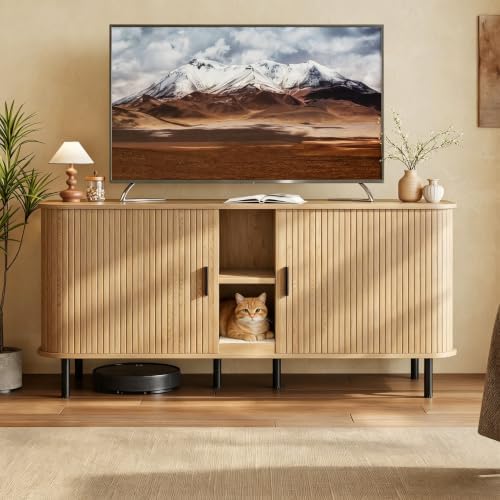 58" Double Cat Litter Box Enclosure, Large Hidden Litter Box Furniture for 2 Cats with Cat Scratch Pad, Wooden Modern Indoor Cat House with Double Room, TV Stand, Side Table, Natural