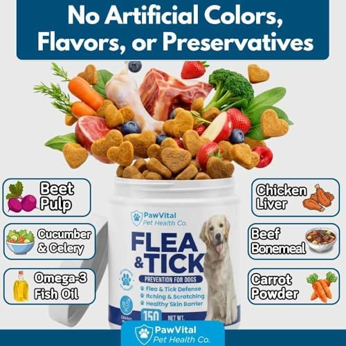 Flea and Tick Prevention for Dogs Chewables – 150 Soft Chews – Natural Dog Flea & Tick Control Supplement – Oral Defense Treatment with Omega Skin & Coat Support – All Breeds & Ages – Chicken Flavor